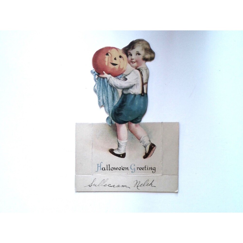 Halloween Diecut Place Card Ellen Clapsaddle Wolf Original Boy Holds JOL Pumpkin
